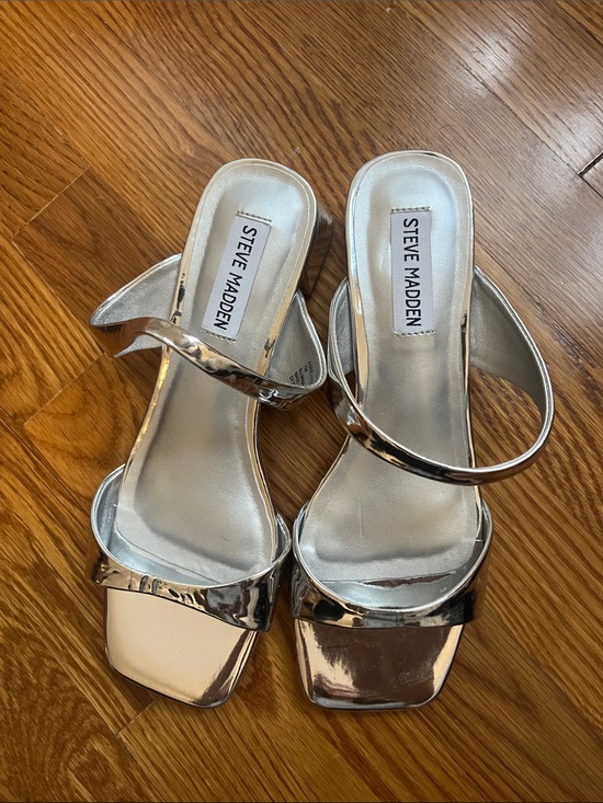 Steve Madden Shoes - Steve Madden Silver Metallic Strappy Square-Toe Heels